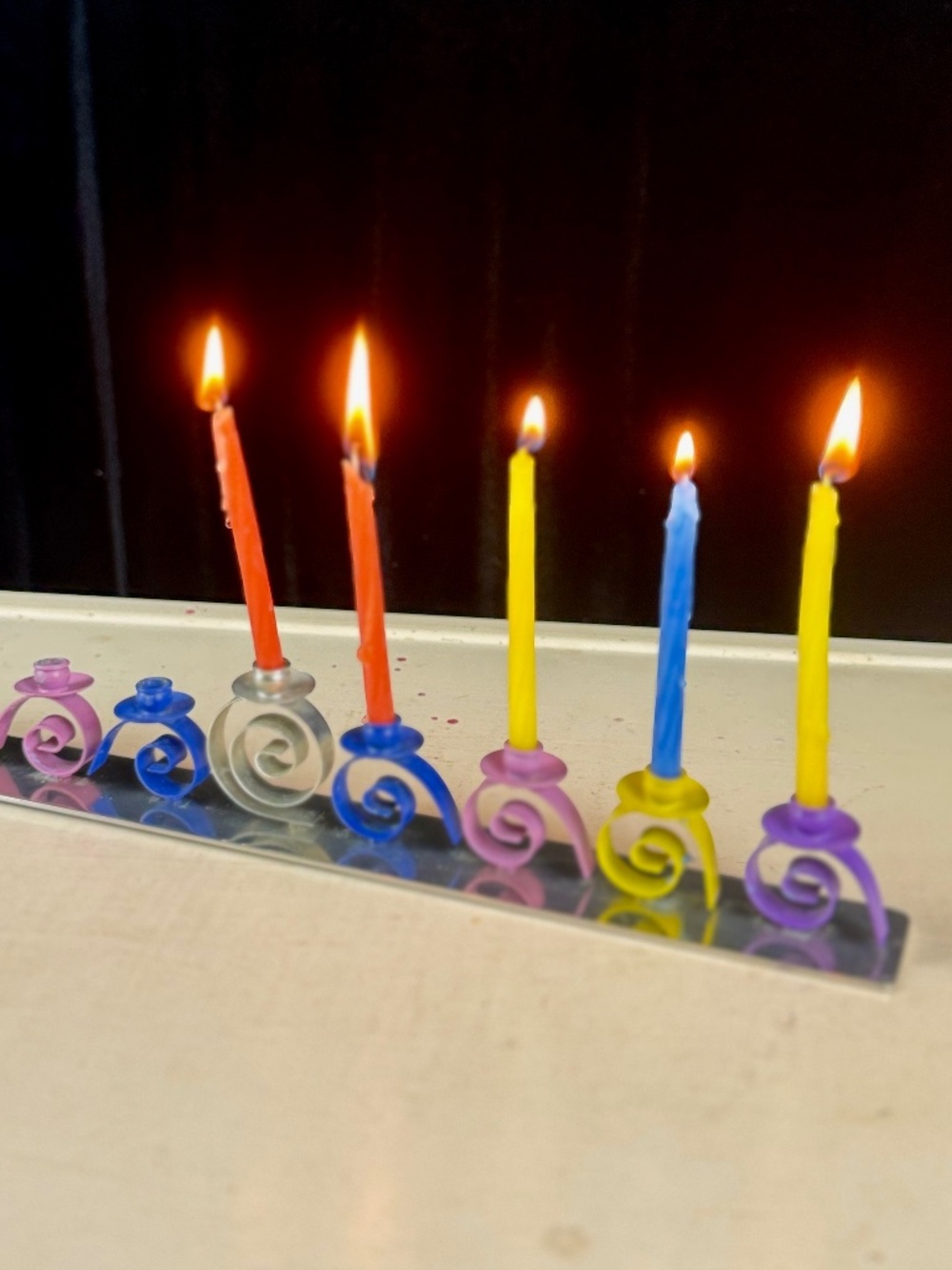 Colorful Aluminum Chanukah Menorah with Swirl Silver Base Chanukkiah Hanukkah
